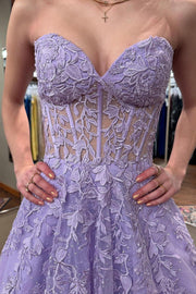 Strapless Light Blue Lace Appliques Long Dress