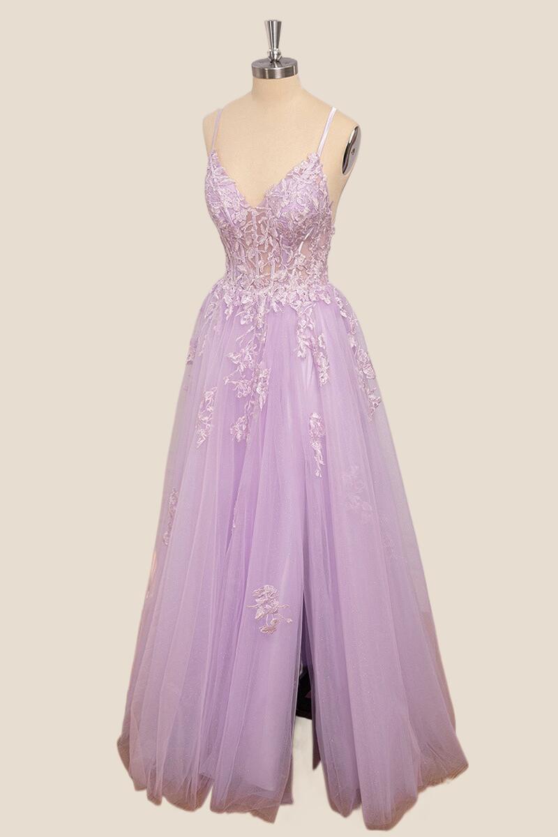 Lilac Lace Appliques Tulle Long Formal Dress