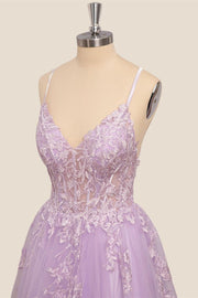 Lilac Lace Appliques Tulle Long Formal Dress