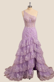 One Shoulder Lilac Appliques Mermaid Ruffles Dress