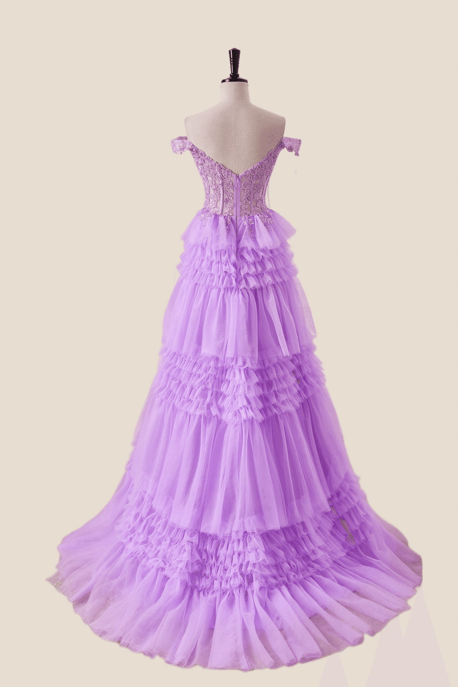 Off the Shoulder Lilac Appliques Tiered Formal Dress