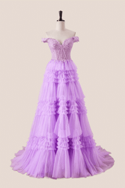 Off the Shoulder Lilac Appliques Tiered Formal Dress