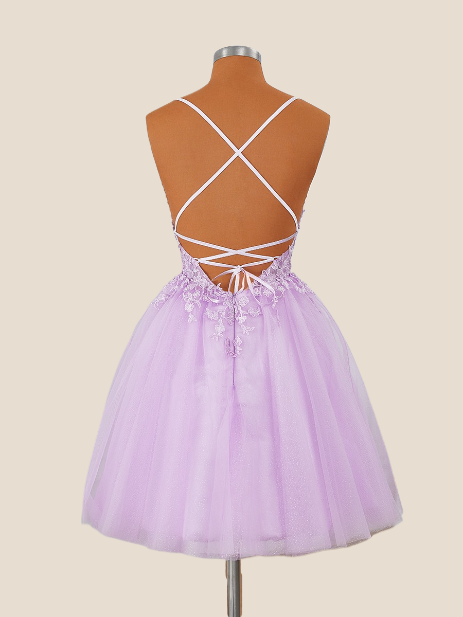 Straps Lilac Appliques A-line Short Prom Dress
