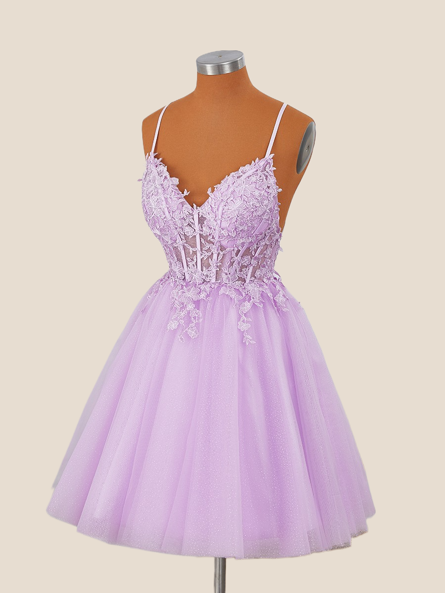 Straps Lilac Appliques A-line Short Prom Dress