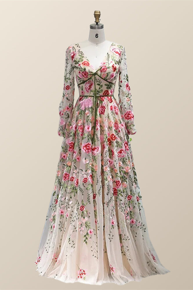 Long Sleeves Floral Embroidery A-line Long Formal Dress – Ohmollydress