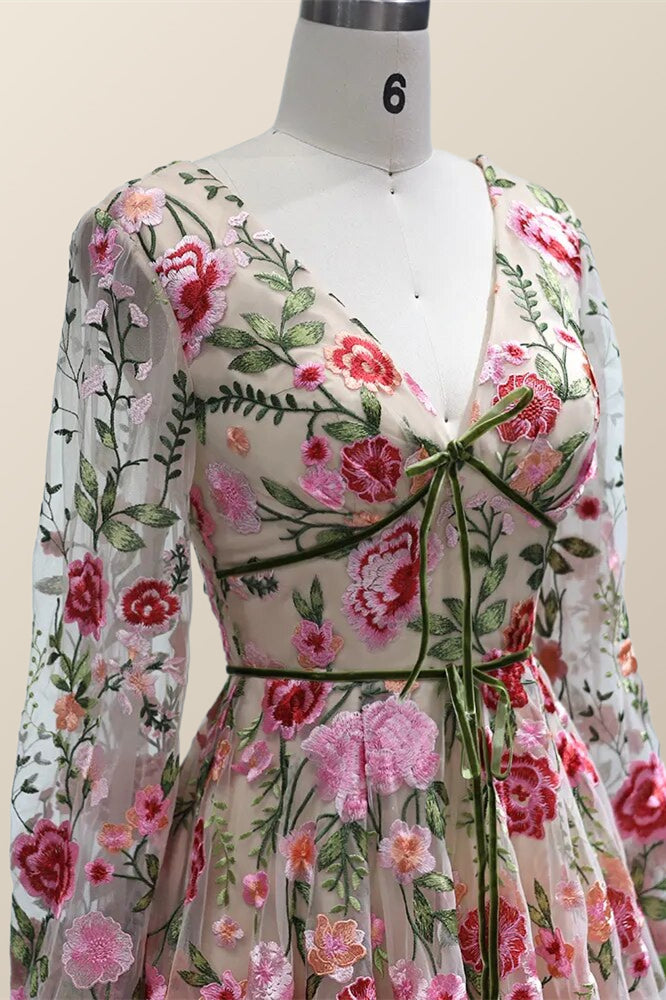 long sleeves floral embroidery a line long formal dress $ 267 . 00
