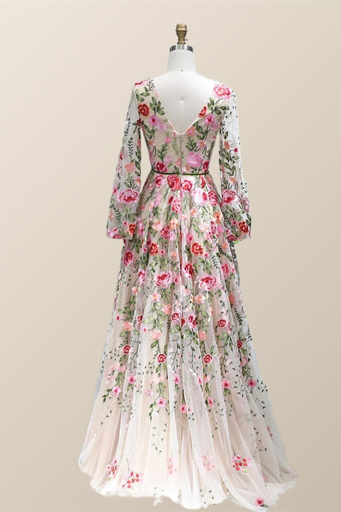 Long Sleeves Floral Embroidery A-line Long Formal Dress