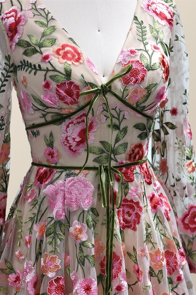 long sleeves floral embroidery a line long formal dress $ 267 . 00