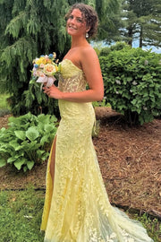 Strapless Hot Pink Lace Mermaid Long Prom Dress