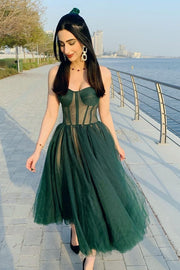Sweetheart Emerald Green Tulle A-line Midi Dress