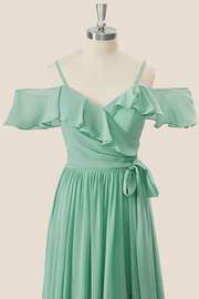 Ruffles Off the Shoulder Mint Green Chiffon Long Dress