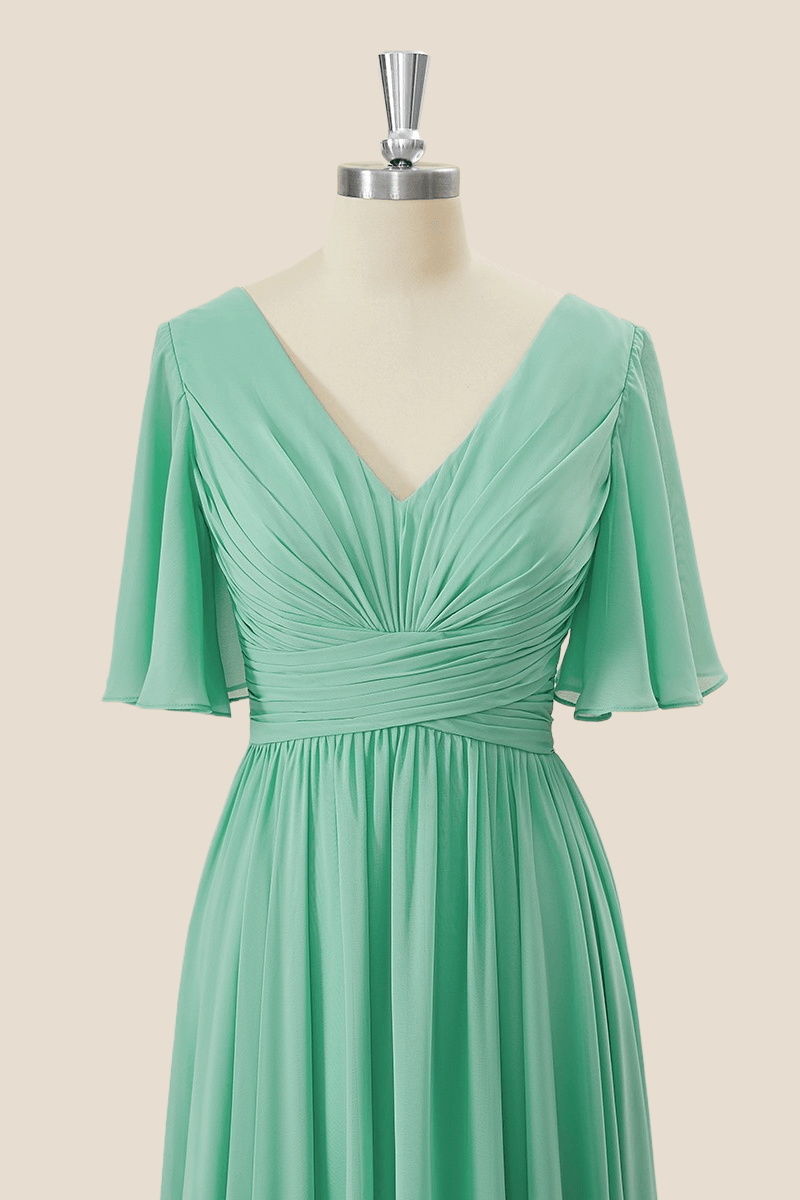 Mint Green Chiffon Pleated A-line Long Bridesmaid Dress