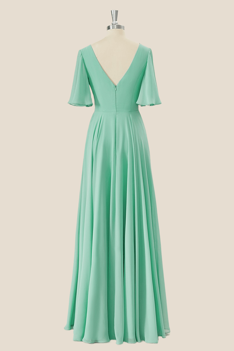 Mint Green Chiffon Pleated A-line Long Bridesmaid Dress