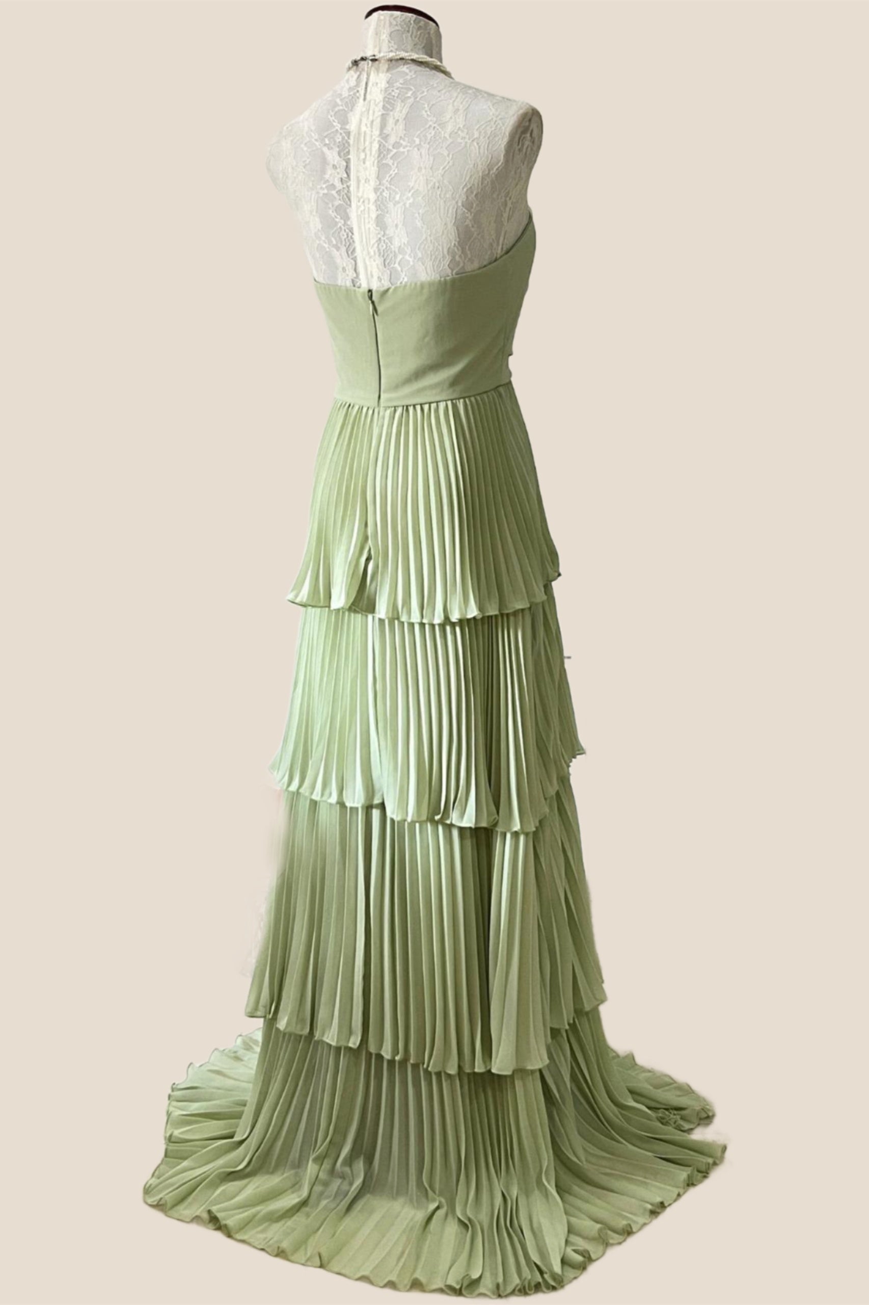 Sage Green Chiffon Pleated Chiffon Tiered Party Dress