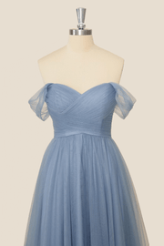 Off the Shoulder Misty Blue Tulle Long Dress