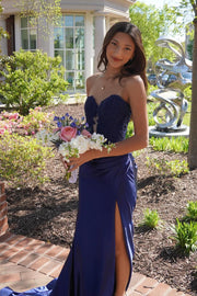 Sweetheart Blue Appliques Fitted Long Formal Dress