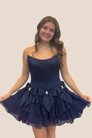 Strapless Blue Ruffle Tiered Short Dress with Bow