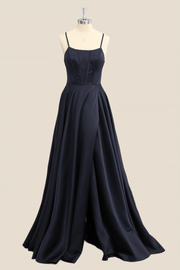 Navy Blue Satin A-line Long Formal Dress