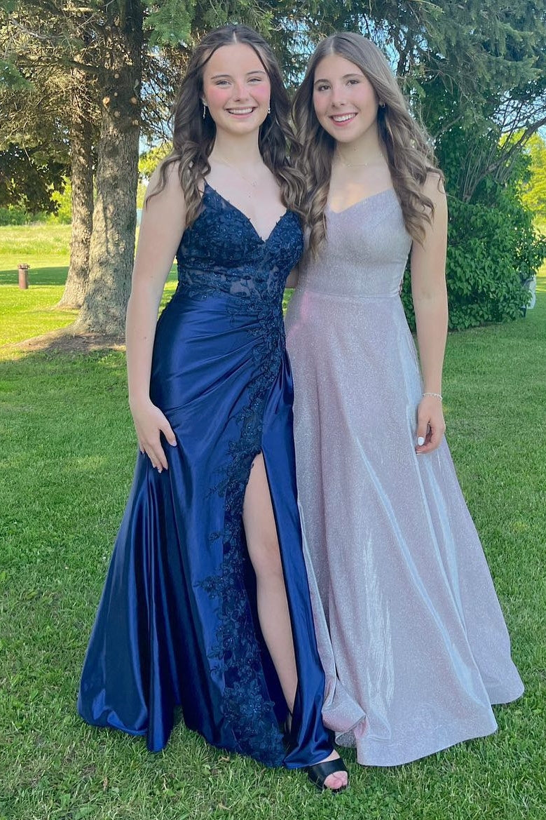 Navy Blue Appliques Mermaid Long Formal Dress