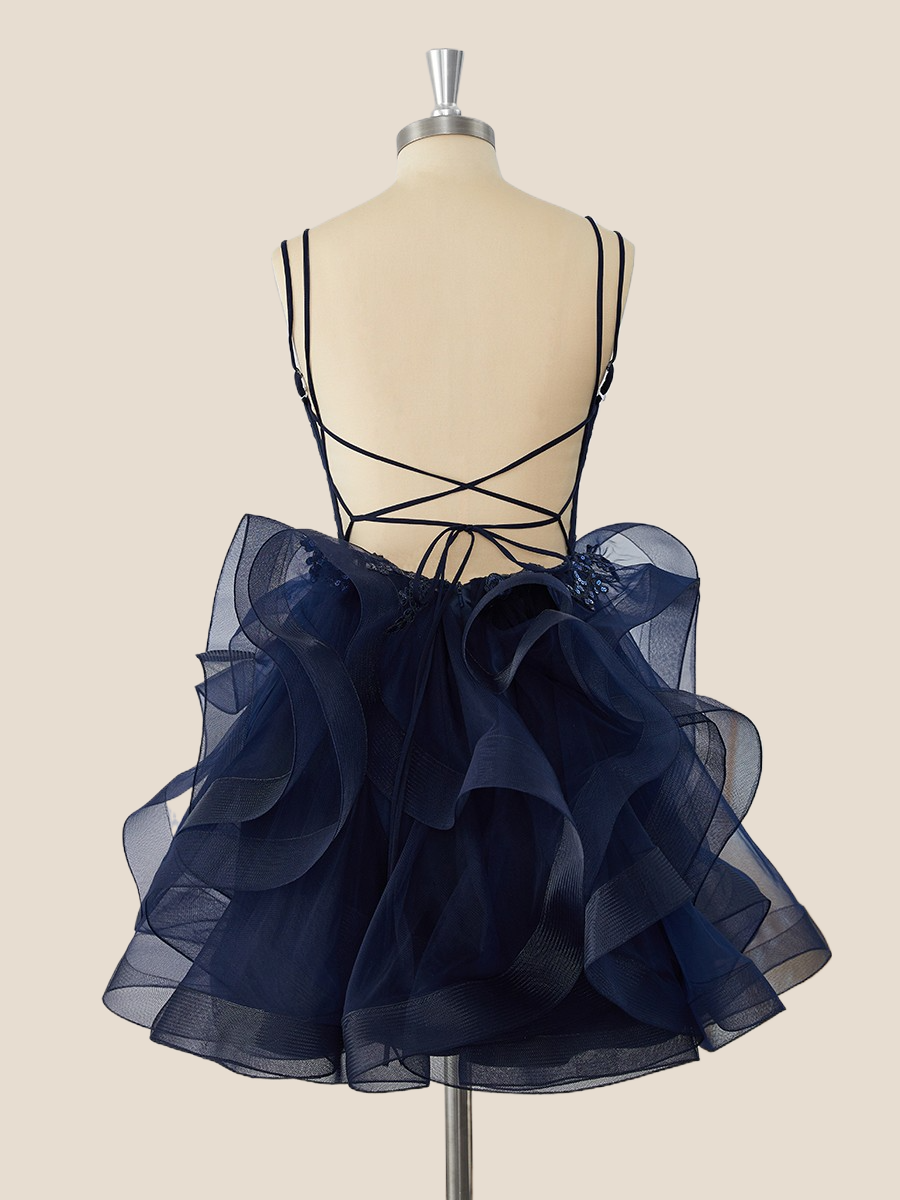 Navy Blue Appliques and Tulle Ruffles Short Gown