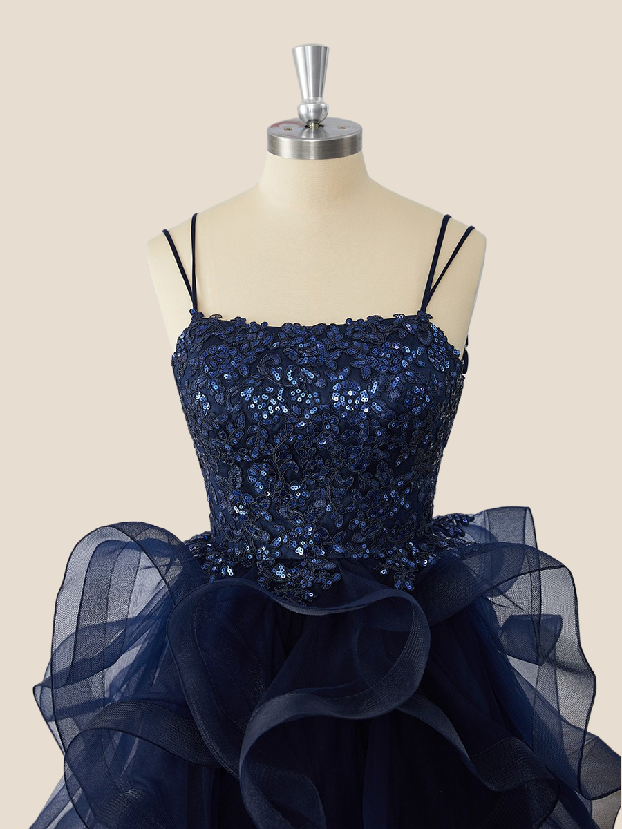 Navy Blue Appliques and Tulle Ruffles Short Gown