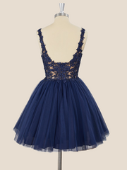 Navy Blue Lace and Tulle Short Party Dress