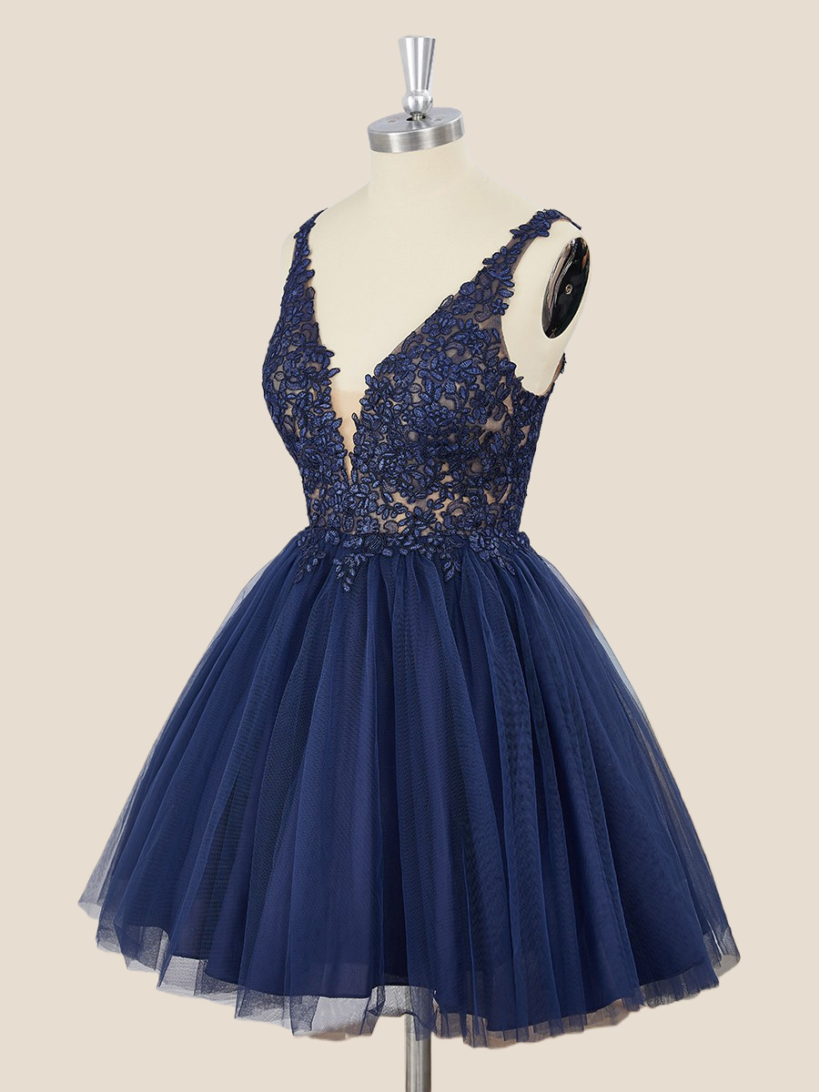 Navy Blue Lace and Tulle Short Party Dress