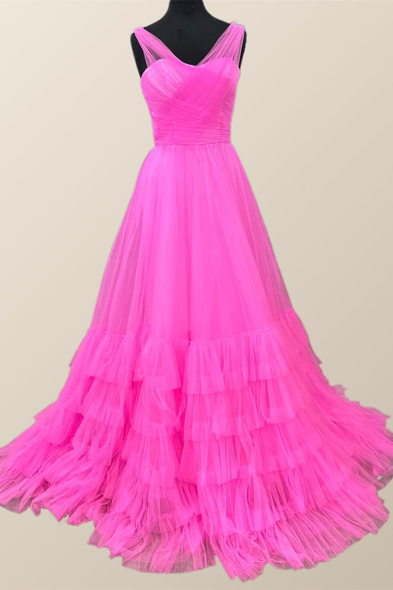 Ruffled Tulle Floor-Length Evening Dress Neon Pink Strapless Tiered for Women main image 0