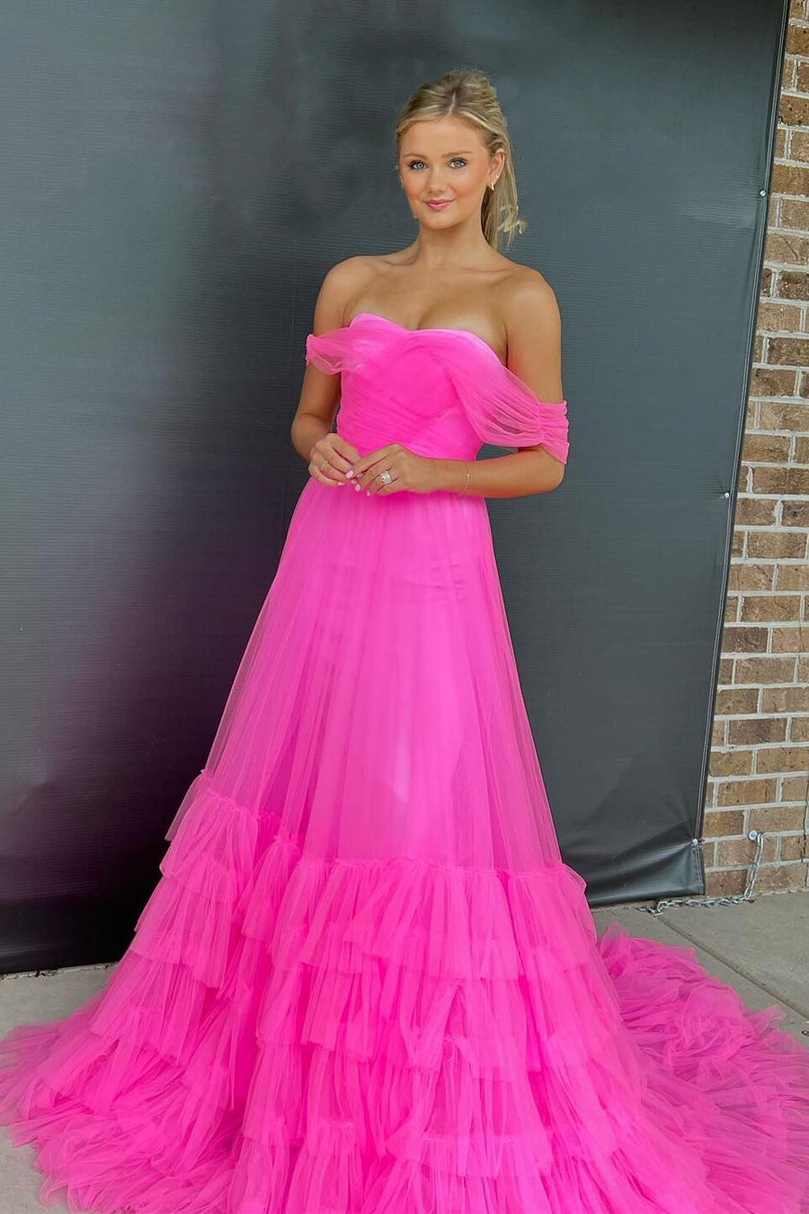 Cross Front Neon Pink Tulle Formal Dress