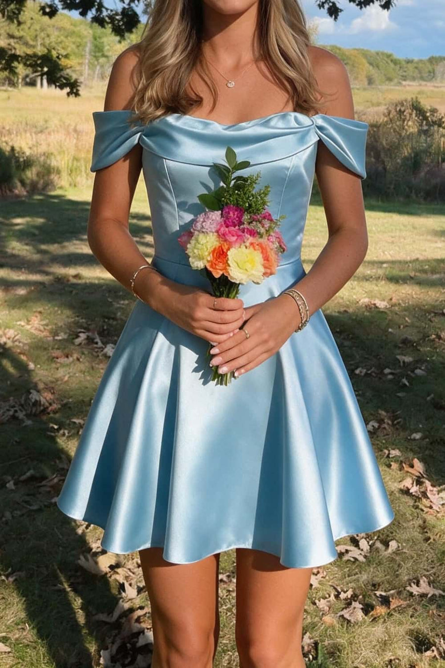Off the Shoulder Light Blue A-line Short Dress