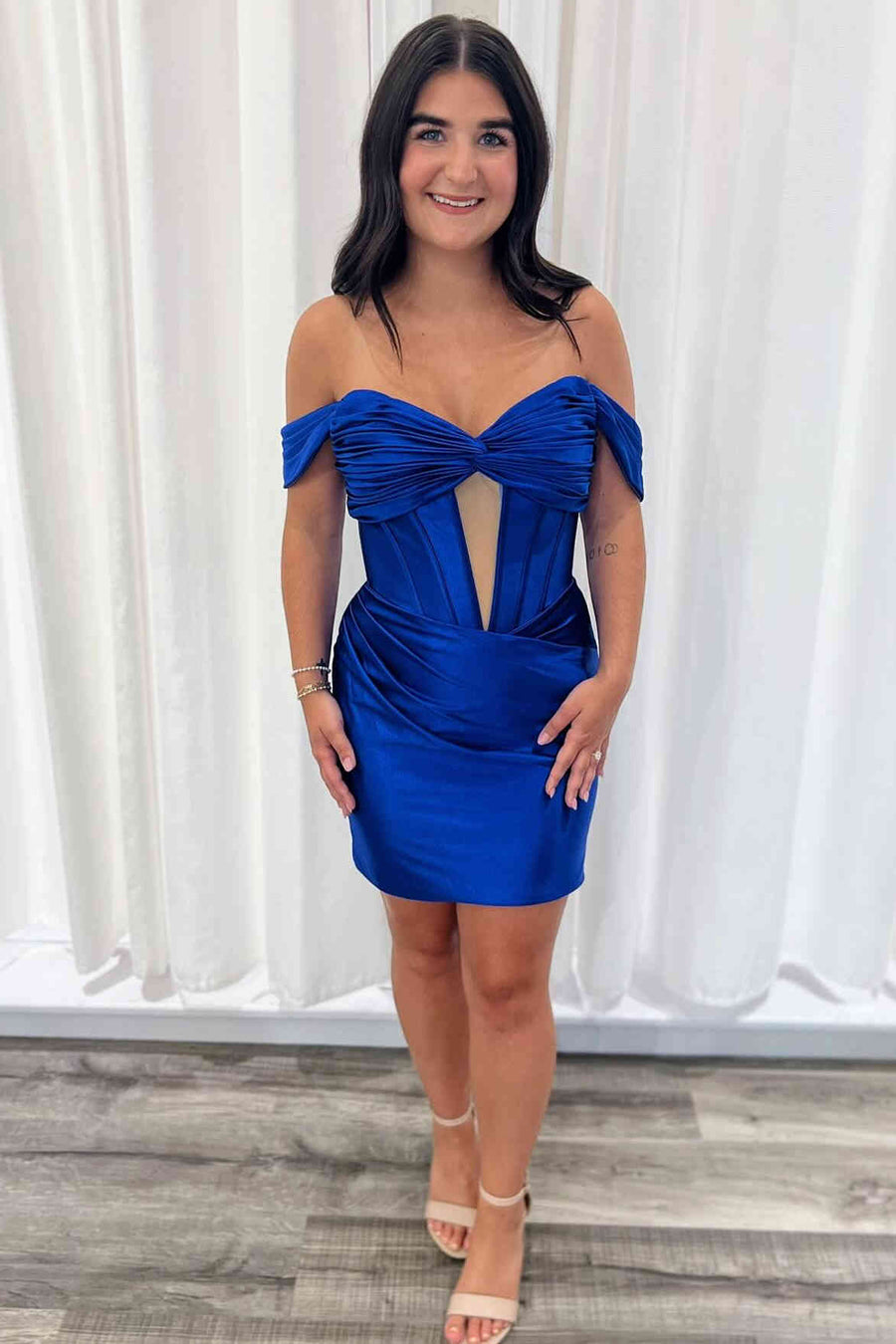 Off the Shoulder Hot Pink Ruched Short Dress