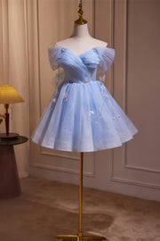 Off the Shoulder Blue A-line Short Princess Dress