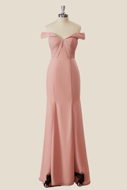 Off the Shoulder Blush Pink Long Bridesmaid Dress