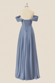 Dusty Blue Pleated Off the Shoulder Chiffon Long Dress