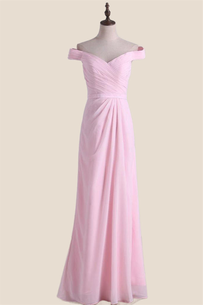 Off the Shoulder Pink Chiffon Long Bridesmaid Dress