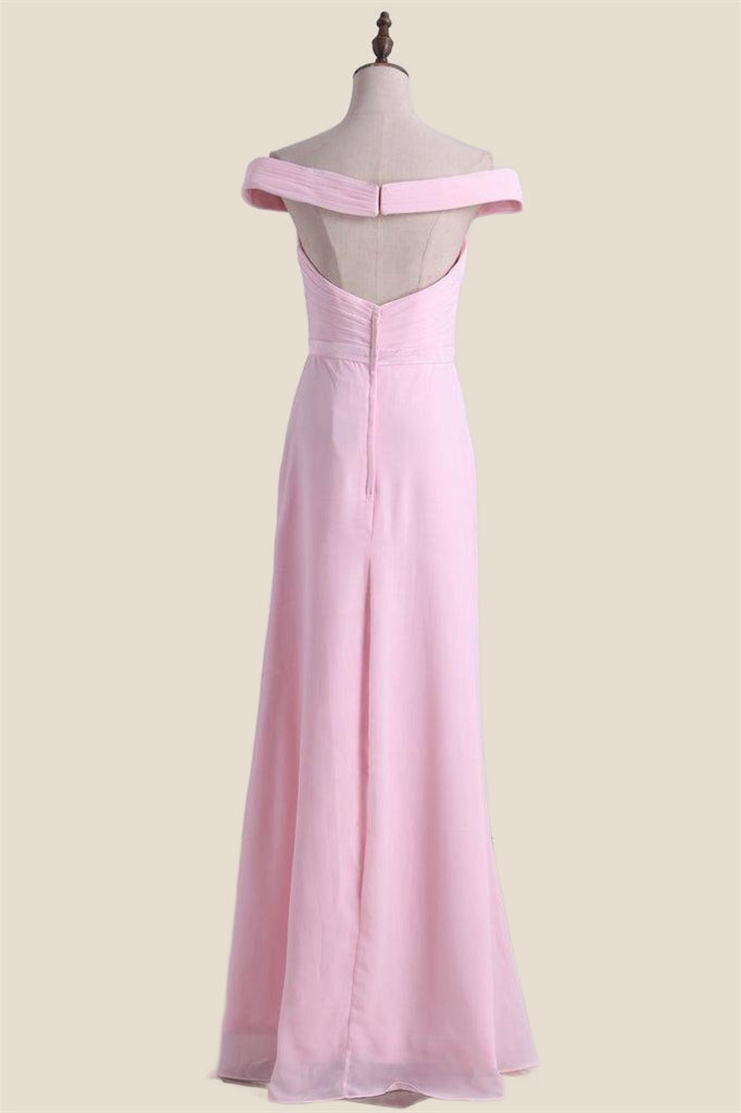 Off the Shoulder Pink Chiffon Long Bridesmaid Dress
