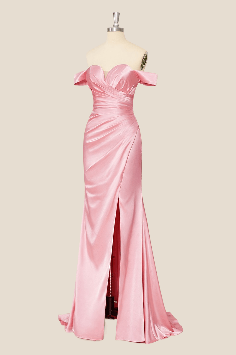 Off the Shoulder Pink Satin Mermaid Dress with Slit