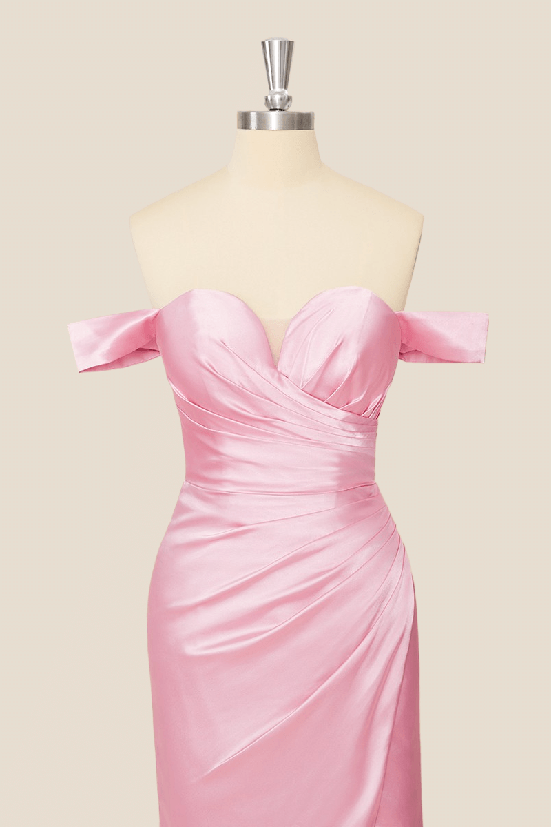 Off the Shoulder Pink Satin Mermaid Dress with Slit