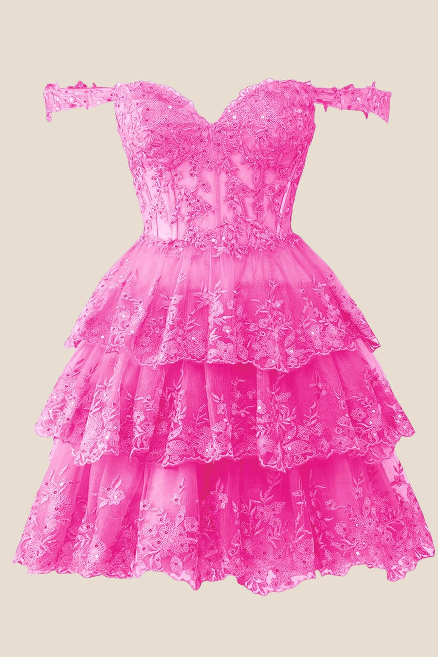 Hot Pink Lace Appliques Ruffle A-line Dress