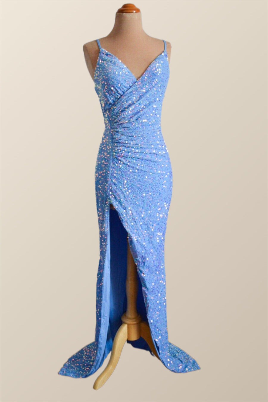 Straps Blue Sequin Ruched Faux Wrap Dress