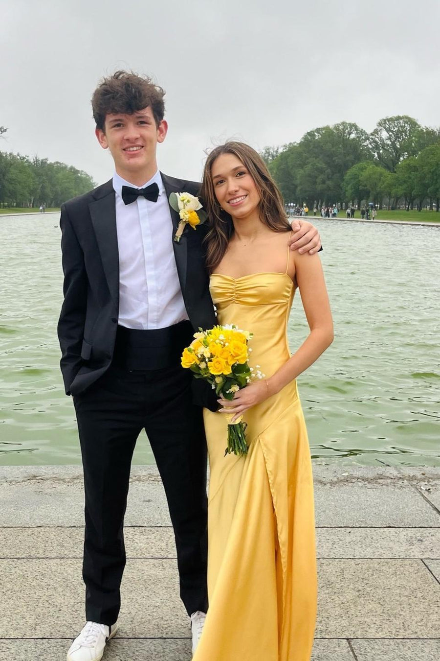 Spaghetti Straps Yellow Long Dress with Slit