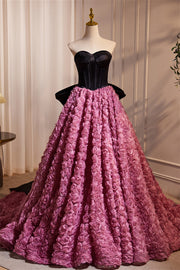 Sweetheart Black and Fuchsia Floral A-line Gown