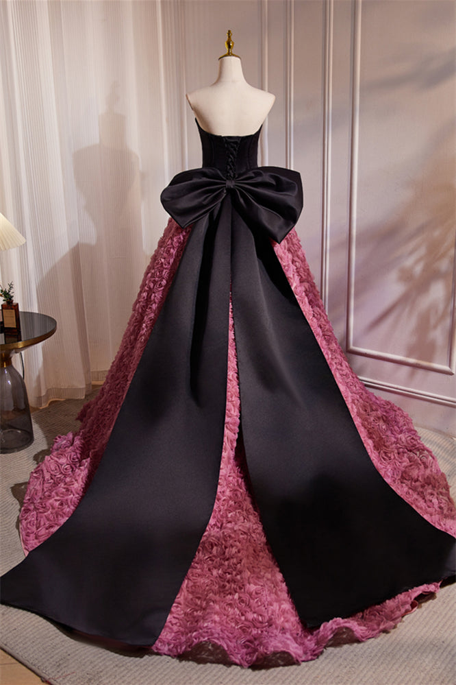 Sweetheart Black and Fuchsia Floral A-line Gown