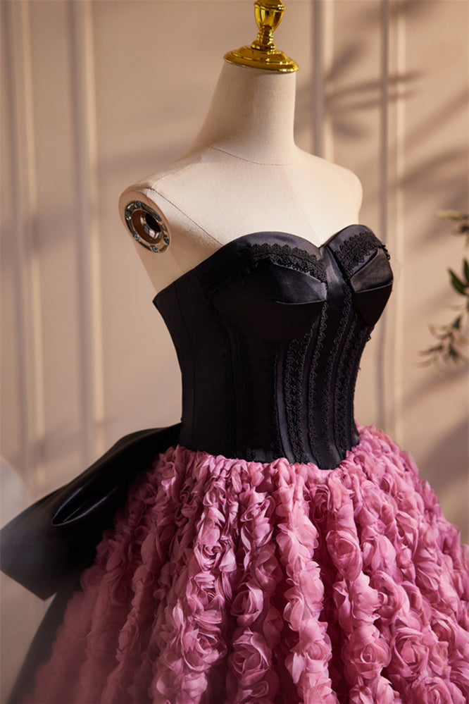 Sweetheart Black and Fuchsia Floral A-line Gown