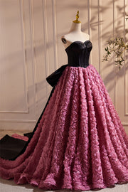 Sweetheart Black and Fuchsia Floral A-line Gown