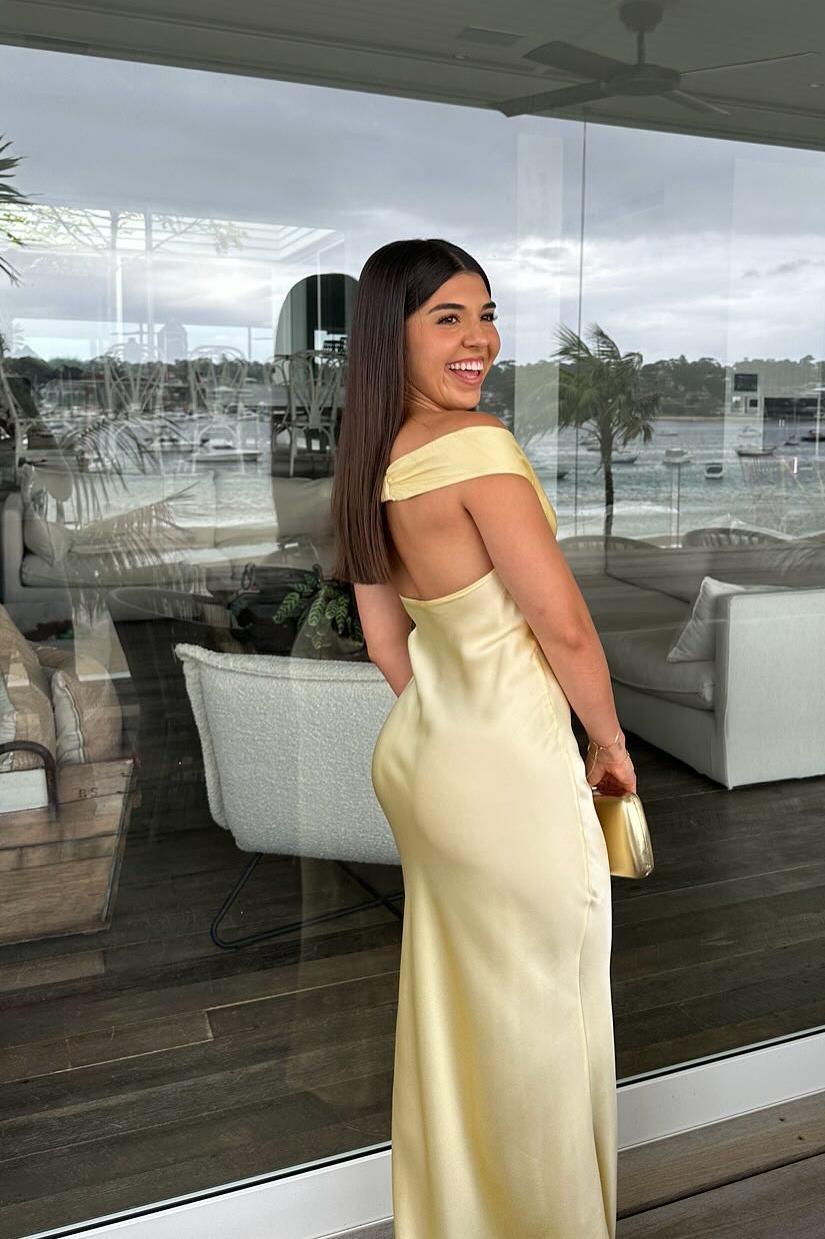 Off the Shoulder Yellow Soft Satin Fitted Dress