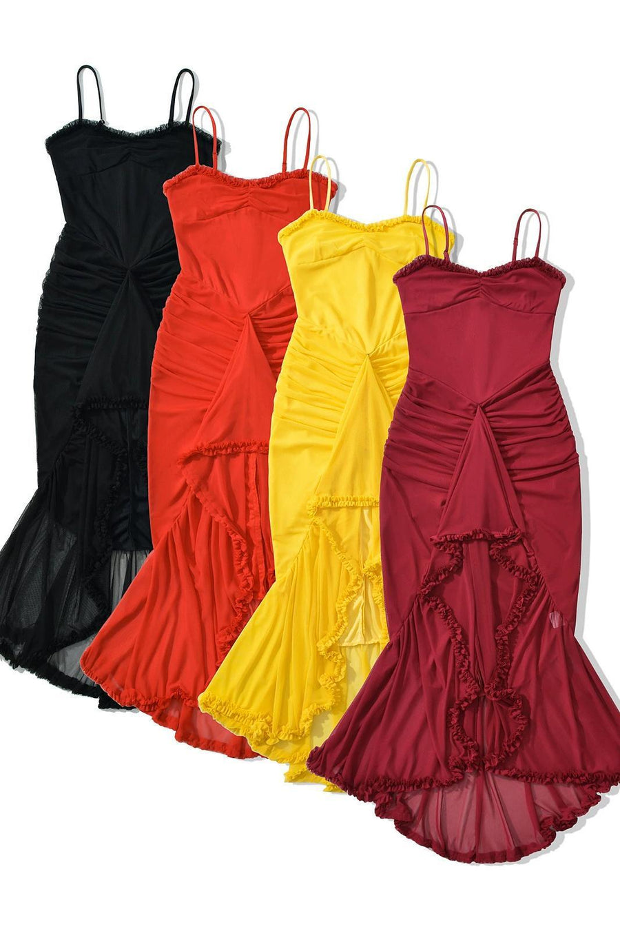 Straps Yellow Ruffled Front Irregular Long Dress