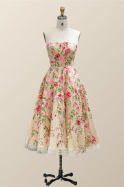 Strapless Floral Tea Length Dress with Jacket