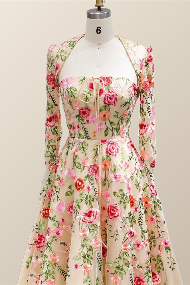 Strapless Floral Tea Length Dress with Jacket