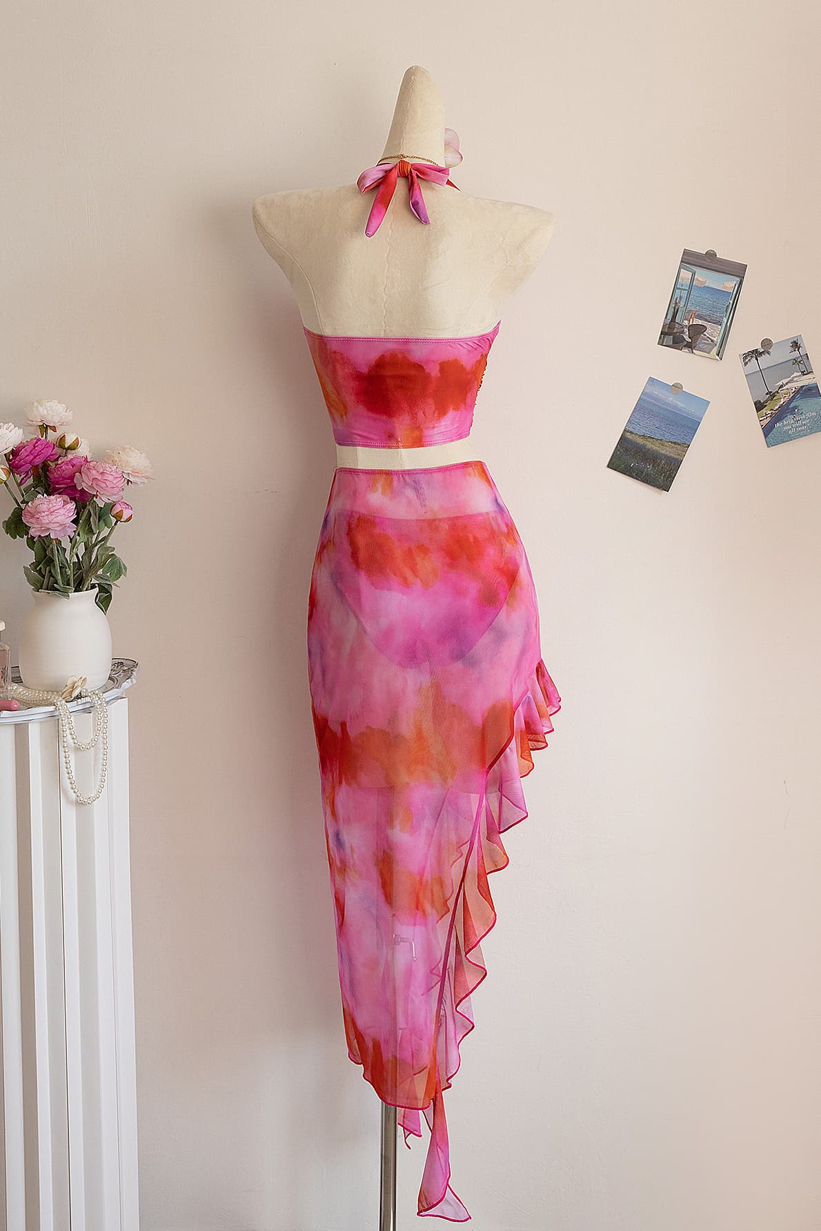 Hot Pink Halter Print Three-Piece Bikini Set